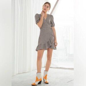 & Other Stories | Puff Sleeve 100% Linen Gingham Wrap Mini Dress - Size 2
